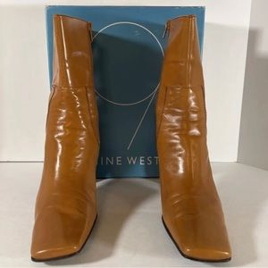 Nine West Womens Yettas Ankle Boots Booties Brown Leather Square Toe Zip 9.5